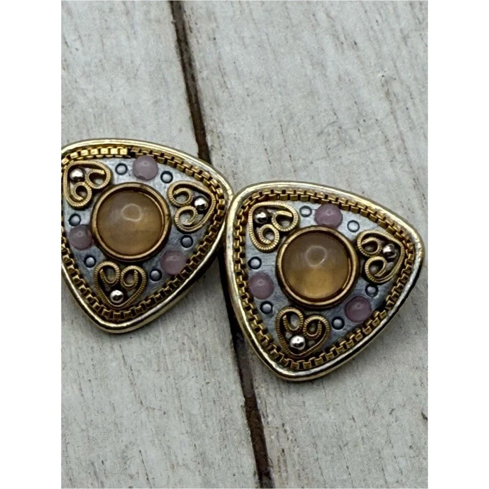Vintage Michal Golan Silver Tone Orange Stone Faux Pearl clip on  Earrings
